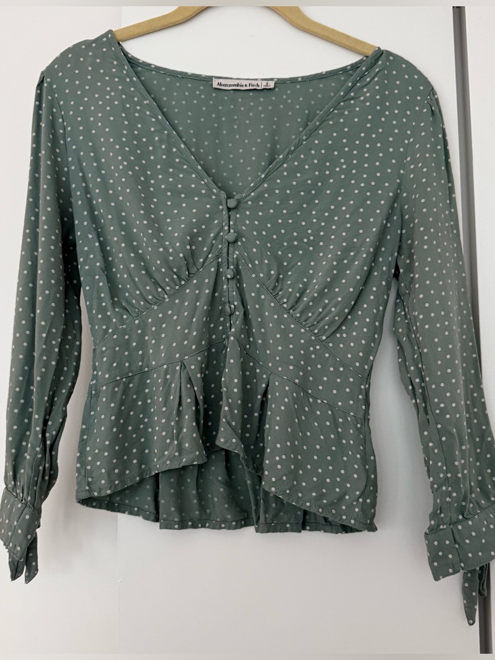 Abercrombie & Fitch Sage Green Polka Dot Ruffle Peplum Blouse